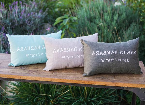 Santa Barbara Latitude / Longitude Pillow in Light Grey